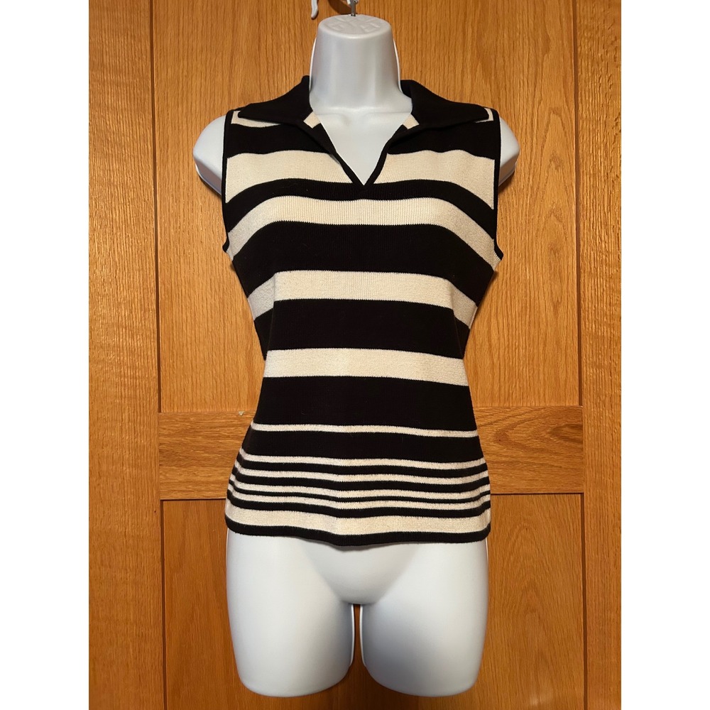 Vintage 90s Black White Striped Sleeveless Knit Preppy Sweater Top Nautical Sz S